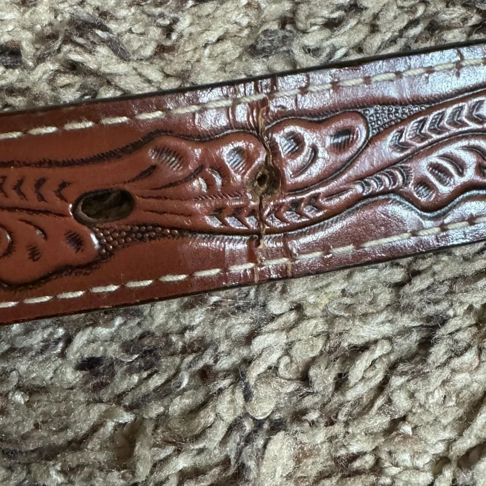 Nocona brown tooled leather belt with bullrider belt buckle Size 18